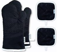 Ensemble de gants de cuisine Unyqoos® – 2 gants de four + 2 maniques, résistants à la chaleur jusqu'à 300°C, motif en nid d'abeille en silicone antidérapant, doublure en coton, 33 cm, couleur noire