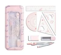 Ensemble de géométrie mathématique 8 pièces, kit boussole et règle | Mallette de rangement en métal, règles, rapporteur, boussole, gomme, recharges de plomb