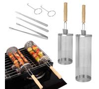Ensemble de gril rotatif en acier inoxydable 304 avec poignée en bois amovible, idéal pour les légumes et la viande
