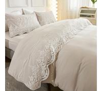 Ensemble de housse de couette 3 pièces en dentelle beige, style bohème et campagnard. Housse de couette en dentelle beige ultra-fine, en microfibre douce et légère. Comprend 1 houette de couette et 2 