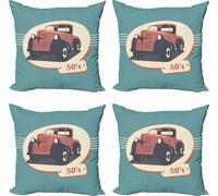 Ensemble de housses de coussin rétro ABAKUHAUS (4 pièces), véhicules anciens nostalgiques, impression numérique moderne recto-verso, 50 cm x 50 cm, rouge, jaune, bleu sarcelle