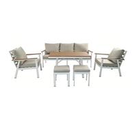 CONCEPT USINE | Salon de Jardin APIA 7 Places en Acier Blanc et Beige avec Table Effet Bois| Mobilier Jardin Terrasse Piscine | Résistance Soleil & Intempéries | Premium Design Convivial