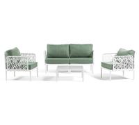 Ensemble de jardin avec canapé, 2 fauteuils et table avec plateau en verre trempé - Structure en résine renforcée de fibres de verre, coussins rembourrés de 12 cm et aspect inspiré du design des feuil