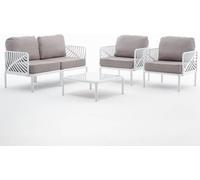 Ensemble de jardin avec canapé 2 places, 2 fauteuils et table avec plateau en verre trempé - Structure en résine avec fibre de verre, coussins de 12 cm et design inspiré de la nature - KENZIA - Blanc/