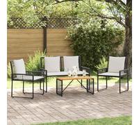 Ensemble de jardin avec dossier et accoudoirs 4 pcs, meubles de jardin avec coussin noir crème/blanc, polyrotin et bois d'acacia, cadre en acier avec finition en poudre, amovible
