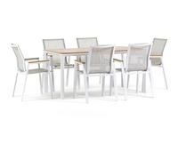 Ensemble de jardin avec table rectangulaire 160 x 90 cm en aluminium et Polywood, avec 6 chaises empilables en Textilene, pour terrasse, véranda ou jardin - Noè + Deva