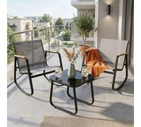 Ensemble de jardin BEALIFE WR218, 3 pièces, comprenant une table de jardin, 2 fauteuils berçants en mesh et une table en verre. Idéal pour terrasse et balcon. Couleur : noir/gris clair