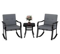 Ensemble de jardin d'extérieur - Set de 3 pièces - 2 fauteuils à bascule - Coussins confortables - Table en verre - Structure en métal - Gris