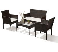 Ensemble de jardin en polyrattan Vigevee, 4 pièces, comprenant un canapé, 2 chaises, une table en verre et des coussins de siège, idéal pour balcon ou terrasse, de couleur marron