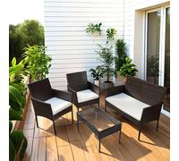 Ensemble de jardin en polyrotin Ikodm, 4 pièces, comprenant un canapé, 2 chaises, une table en verre et des coussins de siège, idéal pour balcon ou terrasse, de couleur marron