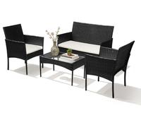 Ensemble de jardin en polyrotin Vigevee, 4 pièces, comprenant un canapé, 2 chaises, une table en verre et des coussins de siège, idéal pour balcon ou terrasse, de couleur noire