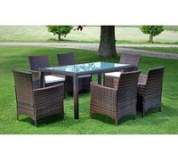 Ensemble de jardin en rotin pour 6 personnes, comprenant une table et des chaises. Ensemble de mobilier de jardin en rotin, de couleur marron et blanc, avec coussins. Ensemble de salon de jardin en ro