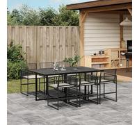 Ensemble de jardin en rotin pour 6 personnes, comprenant une table et des chaises. Idéal pour une salle à manger extérieure, un jardin ou un balcon. Composition : rotin et tissu Textilene noir. Modèle