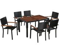 Ensemble de jardin exclusif - 7 pièces, en résine tressée, avec plateau en bois d'acacia massif, finition noire