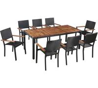 Ensemble de jardin exclusif - 9 pièces, en résine tressée, avec plateau en bois d'acacia massif, finition noire
