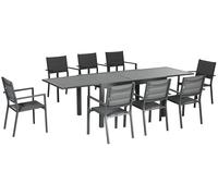 Ensemble de jardin extensible 9 pièces, aluminium et textilène, 135/270 x 90 cm, 6 à 10 personnes, gris - 8 chaises empilables, respirant, résistant aux intempéries