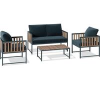 Ensemble de jardin gris, composé de 4 pièces, pour 4 personnes. Ensemble lounge avec une banquette 2 places, 2 fauteuils avec coussins de siège et une table en acacia. Résistant aux intempéries et aux