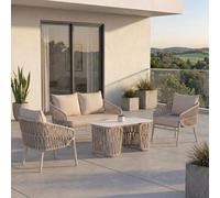 Ensemble de jardin HWC-P90, ensemble lounge canapé fauteuil table, tressage en corde tissu/textile (180 g/m²) ~ crème