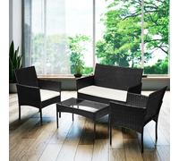 Ensemble de jardin Peviasot en polyrattan, 4 pièces, comprenant un canapé, 2 chaises, une table en verre et des coussins de siège, idéal pour balcon ou terrasse, de couleur noire