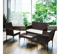 Ensemble de jardin Peviasot en polyrattan, composé de 4 pièces : un canapé, 2 chaises, une table en verre et des coussins de siège, idéal pour balcon ou terrasse, de couleur marron