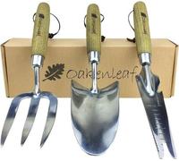Ensemble de jardinage 3 pièces extra-large en acier inoxydable avec manche en bois, comprenant une pelle, une fourche et un outil multifonctions
