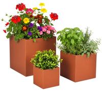 Ensemble de jardinières Relaxdays, 3 tailles, aspect rouillé, jardin, terrasse, balcon, pots de fleurs carrés, acier, rouge-brun