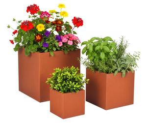 Ensemble de jardinières Relaxdays, 3 tailles, aspect rouillé, jardin, terrasse, balcon, pots de fleurs carrés, acier, rouge-brun