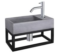 Ensemble de lavabo mural Differnz - Béton gris foncé - Robinet chromé incurvé - Avec porte-serviette - Inclus bouchon de vidange et siphon - Béton renforcé en fibre de verre - 40 x 22 x 9 cm