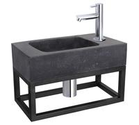 Ensemble de lavabo mural Differnz Bombai Black - Lavabo en pierre naturelle avec robinet droit chromé - Inclut le siphon et le porte-serviette - Monté sur mur - Dimensions : 40 x 22 x 9 cm - Couleur :