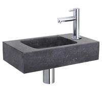 Ensemble de lavabo mural Differnz Bombai Black - Lavabo en pierre naturelle avec robinet droit en chrome - Inclut un clapet de vidange et un siphon - Monté sur mur - Forme rectangulaire - Design moder