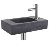 Ensemble de lavabo mural Differnz Bombai Black - Lavabo en pierre naturelle avec robinet droit en chrome mat - Inclut le siphon et le bouchon de vidange - Dimensions : 40 x 22 x 9 cm - Couleur : anthr