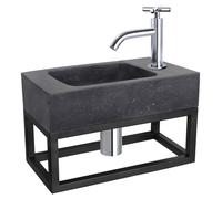 Ensemble de lavabo mural Differnz Bombai Black - Lavabo en pierre naturelle - Comprend une robinetterie chromée à levier croisé - Avec porte-serviettes - À fixer au mur (suspendu) - Dimensions : 40 x