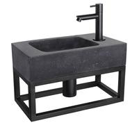 Ensemble de lavabo mural Differnz Bombai Black - Pierre naturelle - Robinet droit en noir mat - Avec porte-serviette - Inclus bouchon de vidange et siphon - Dimensions : 40 x 22 x 9 cm - Couleur : ant