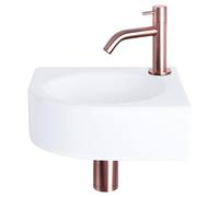 Ensemble de lavabo mural Differnz Cleo - Céramique - Lavabo d'angle avec robinet d'eau froide incurvé en cuivre rouge - Inclut le siphon et le bouchon de vidange - Gain de place - 30 x 30 x 10 cm - Bl