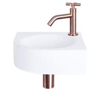 Ensemble de lavabo mural Differnz Cleo - Céramique - Lavabo d'angle avec robinet d'eau froide, mitigeur en laiton rouge - Bonde et siphon inclus - Forme en quart de cercle - Dimensions : 30 x 30 x 10