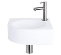 Ensemble de lavabo mural Differnz Cleo - Lavabo d'angle en céramique avec robinet droit en chrome mat - Inclut un bouchon de vidange et un siphon - Dimensions : 30 x 30 x 10 cm - Blanc