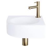 Ensemble de lavabo mural Differnz Cleo - Lavabo d'angle en céramique de forme quart de cercle - Comprend un robinet droit finition or mat, un siphon et un bouchon de vidange - Couleur : blanc - Dimens