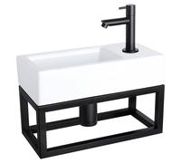 Ensemble de lavabo mural Differnz Helios - Robinet à droite - Structure noire - Lavabo en céramique blanc - Robinet, bonde et siphon de couleur noire mate - Dimensions : 37,5 x 18,5 x 9,5 cm