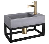 Ensemble de lavabo mural Differnz - Lavabo en béton de couleur gris foncé - Robinet droit finition or mat - Inclus : porte-serviette, bouchon de vidange et siphon - Dimensions : 40 x 22 x 9 cm
