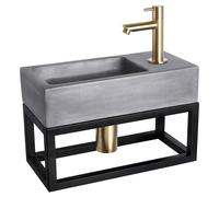 Ensemble de lavabo mural Differnz Ravo – Lavabo en béton de couleur gris foncé – Robinet droit finition or mat – Inclus : porte-serviette, siphon et bonde. Dimensions : 38,5 x 18,5 x 9 cm