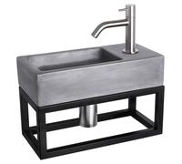 Ensemble de lavabo mural Differnz Ravo – Lavabo en béton gris foncé avec robinet chromé mat incurvé – Inclut le siphon, le bouchon de vidange et le porte-serviette – 38,5 x 18,5 x 9 cm