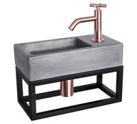 Ensemble de lavabo mural Differnz Ravo - Lavabo en béton gris foncé - Robinet courbé avec levier croisé en cuivre rouge - Inclus : siphon, bonde et porte-serviette - Dimensions : 38,5 x 18,5 x 9 cm
