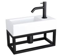 Ensemble de lavabo mural Differnz Ravo – Lavabo en céramique avec porte-serviette – Robinet courbé en noir mat – Bonde et siphon inclus – Résistant aux rayures – 38,5 x 18,5 x 9 cm – Blanc