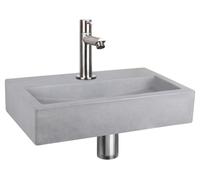 Ensemble de lavabo mural plat - Lavabo en béton gris clair - Complet avec robinet droit chromé mat, bonde et siphon - Dimensions : 38 x 24 x 8 cm