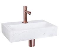 Ensemble de lavabo mural plat - Lavabo en marbre blanc avec robinet droit - Bonde et siphon en cuivre rouge - Adapté pour salle de bain ou WC d'invités - Dimensions : 38 x 24 x 8 cm