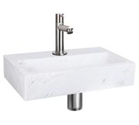 Ensemble de lavabo mural plat - Marbre - Comprend un robinet droit chromé mat - Lavabo en marbre blanc - Modèle mural - Comprend un bouchon de vidange et un siphon - 38 x 24 x 8 cm