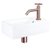 Ensemble de lavabo mural pour salle de bain Differnz - Lavabo en céramique avec robinet d'eau froide et mitigeur en croix - Cuivre rouge - Inclut le siphon et la bonde - Monté sur mur - Dimensions : 4