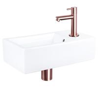 Ensemble de lavabo mural pour salle de bain Differnz - Lavabo en céramique avec robinet mélangeur à eau froide droit - Bonde et siphon inclus - Couleur : cuivre rouge - Trou de robinet : à droite - Di