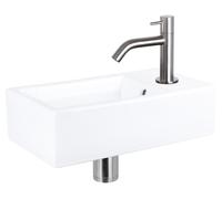 Ensemble de lavabo mural pour salle de bain Differnz - Lavabo en céramique avec robinet mélangeur froid incurvé en chrome mat - Inclus bouchon de vidange et siphon - Monté sur mur - Dimensions : 40 x