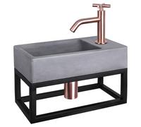 Ensemble de lavabo mural pour toilettes Differnz – Béton gris foncé – Robinet avec levier en laiton rouge – Comprend un porte-serviette, une bonde et un siphon – Dimensions : 40 x 22 x 9 cm